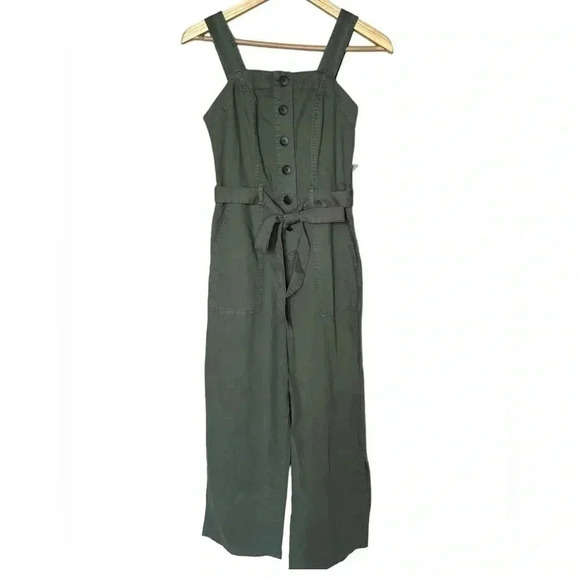 OAT New York Womens XS Smocked Sleeveless Belted Jumpsuit One Piece Olive Green - Picture 3 of 11
